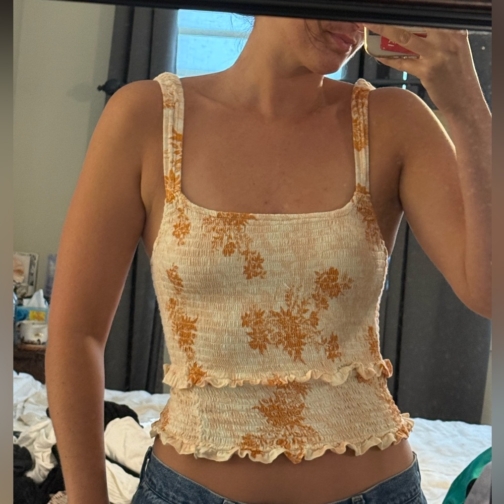 Free People Cream Floral Smocked Cami with Ruffle Hem
